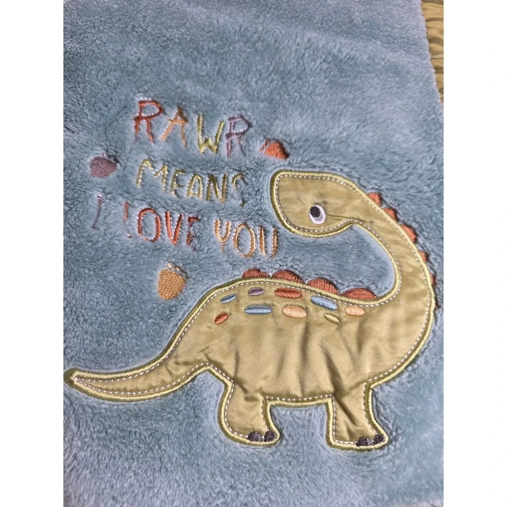 Lullaby Lane Rawr Means I Love You Dinosaur Baby Blanket Sage Green Satin Trim